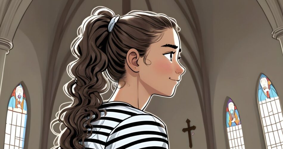 5 Reasons Why Our God Is an Awesome God - A girl with long and curly hair tied in a ponytail, wearing a striped shirt, sitting, looking up inside a church